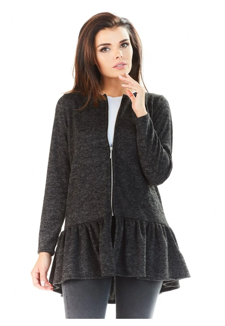 Cardigan Lung,  Negru, L-XL, Fermoar Practic, Volan Elegant, Subtiaza Silueta, Protectie Frig, Aspect Sic, Confort Premium, Design Modern