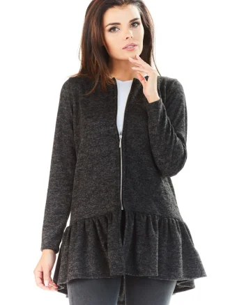 Cardigan Lung,  Negru, L-XL, Fermoar Practic, Volan Elegant, Subtiaza Silueta, Protectie Frig, Aspect Sic, Confort Premium, Design Modern