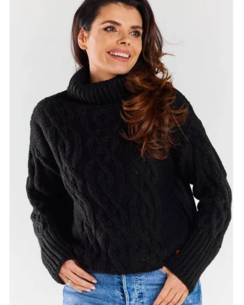 Pulover Calduros,  Negru, One Size, Guler Inalt, Model Impletit, Protectie Frig, Textura Moale, Confort Maxim, Stil Coz, Aspect Elegant