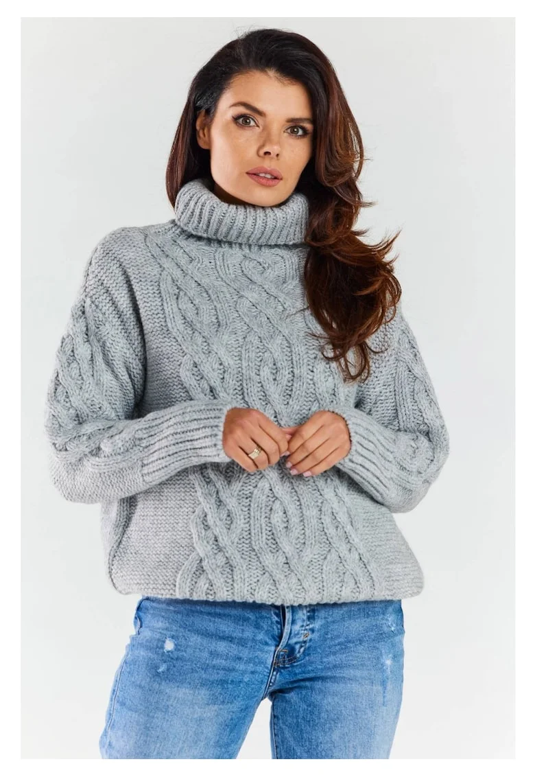 Pulover Calduros,  Gri, One Size, Guler Inalt, Model Impletit, Protectie Frig, Textura Moale, Confort Maxim, Stil Coz, Aspect Elegant