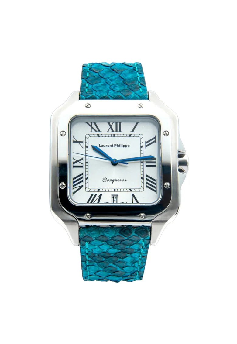 Ceas barbatesc  Conqueror Koh-I-Noor, cadran alb safir, curea piele de piton Venin Bleu, mecanism quartz, inox