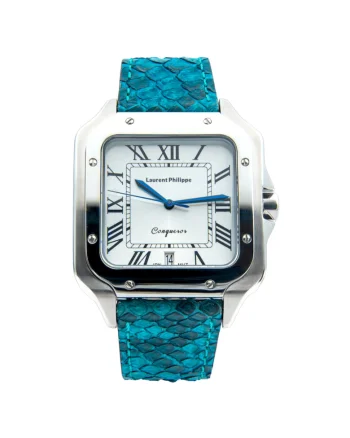Ceas barbatesc  Conqueror Koh-I-Noor, cadran alb safir, curea piele de piton Venin Bleu, mecanism quartz, inox