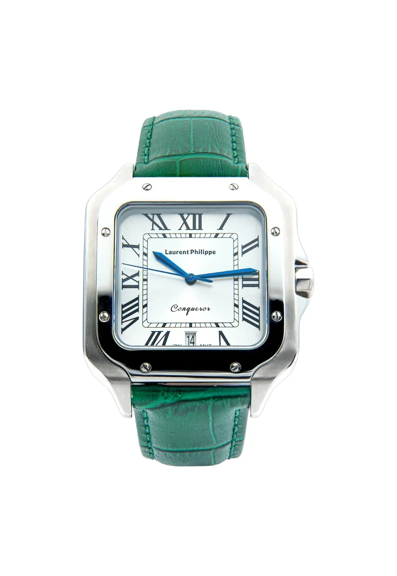 Ceas barbatesc  Conqueror Koh-I-Noor, cadran alb, curea piele naturala Tsavorite Temptation, mecanism quartz, inox
