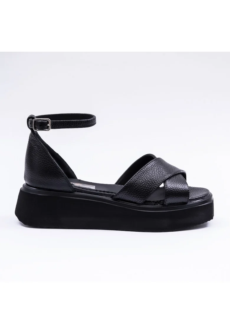 Sandale din piele cu bareta pe picior, Negru, Negru