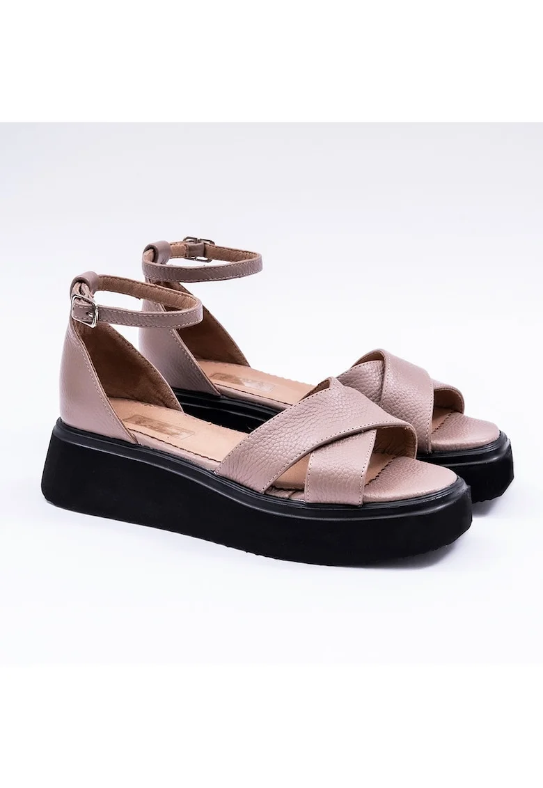 Sandale din piele granulata cu talpa wedge, Roz