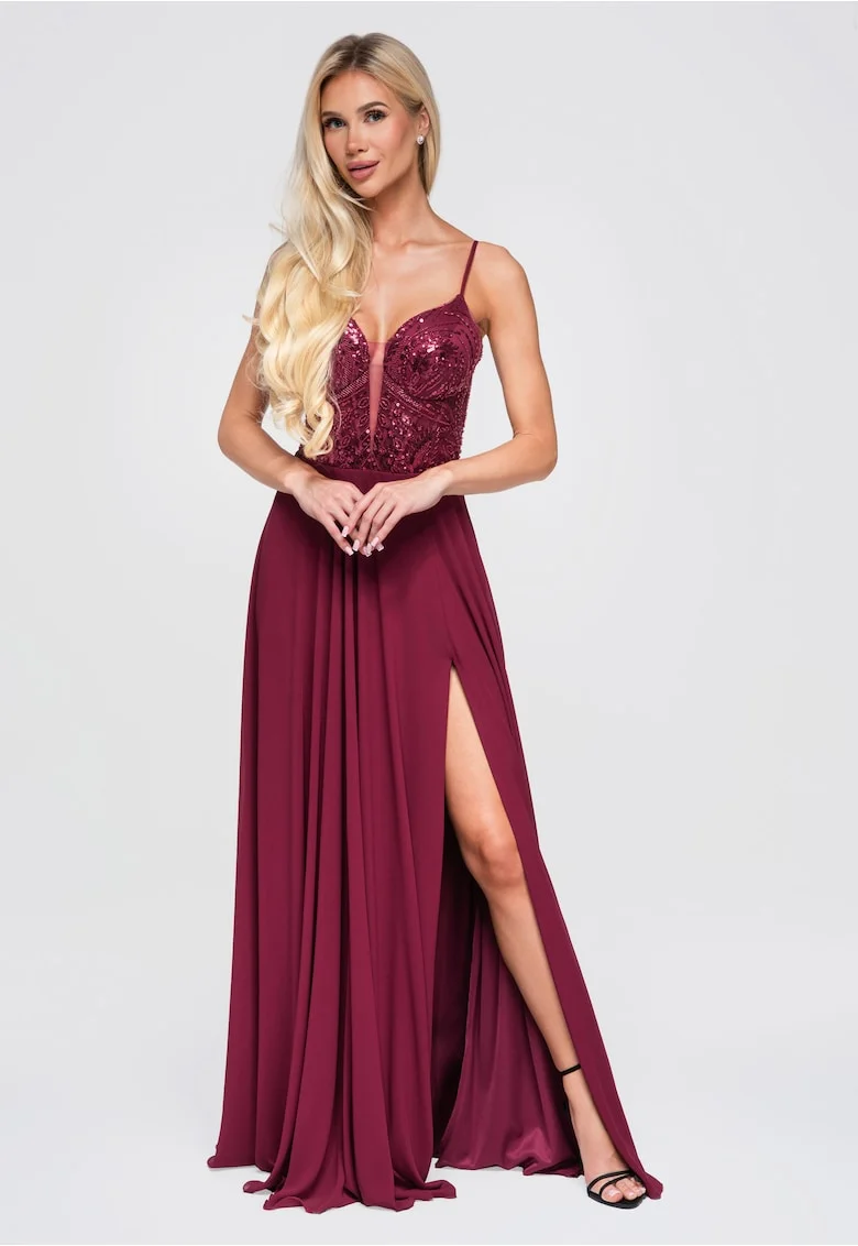 Rochie maxi de seara cu decolteu adanc si detalii cu paietE, Visiniu