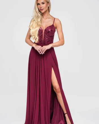 Rochie maxi de seara cu decolteu adanc si detalii cu paietE, Visiniu