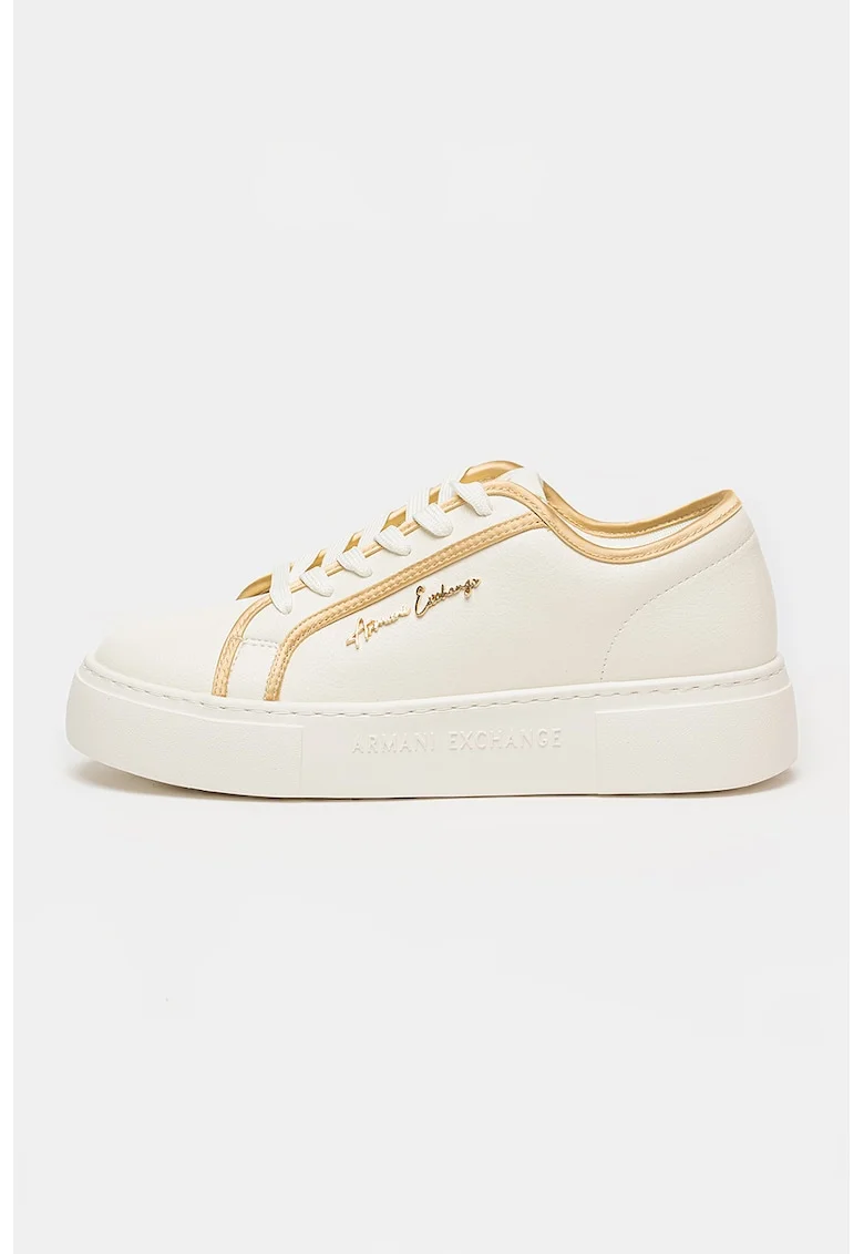 Pantofi sport flatform de piele ecologica, Auriu/Alb murdar