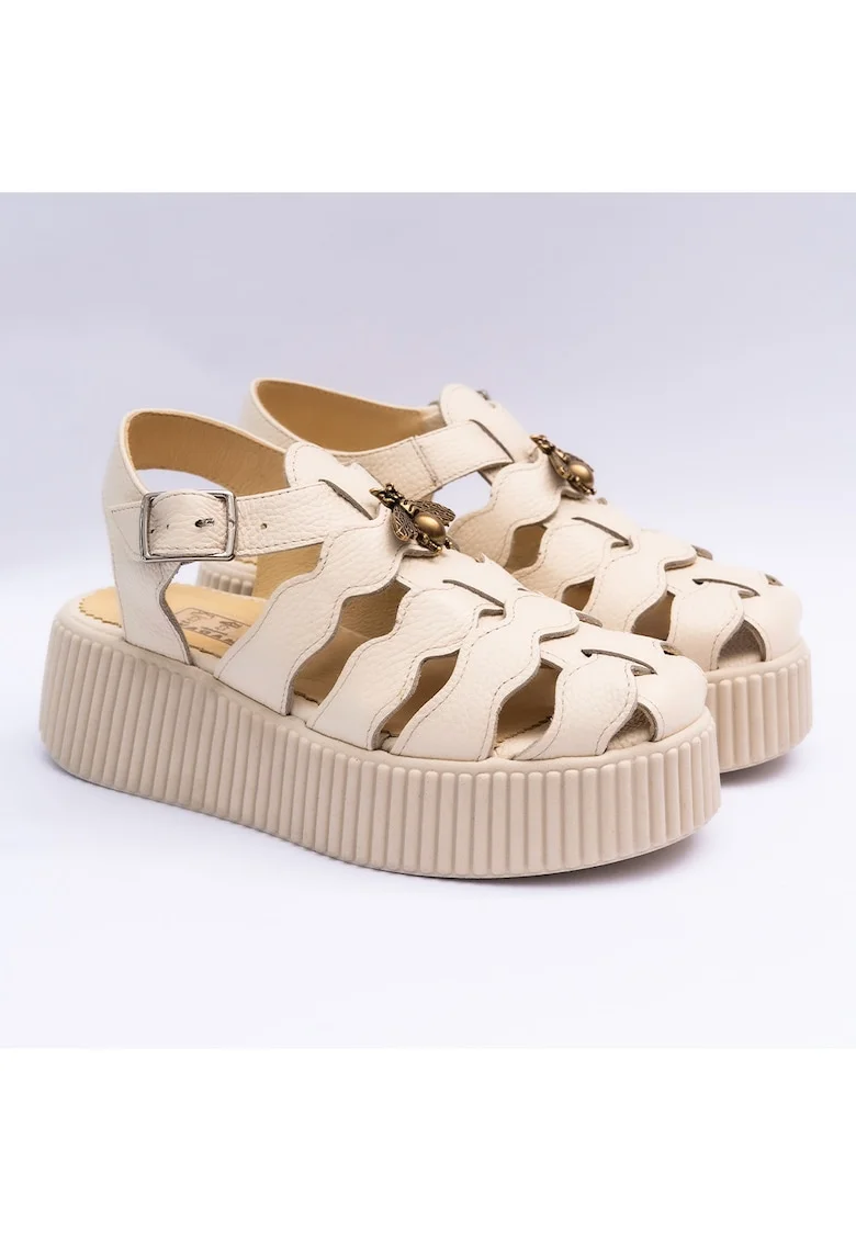 Sandale dama din piele naturala cu accesoriu, crem, Crem