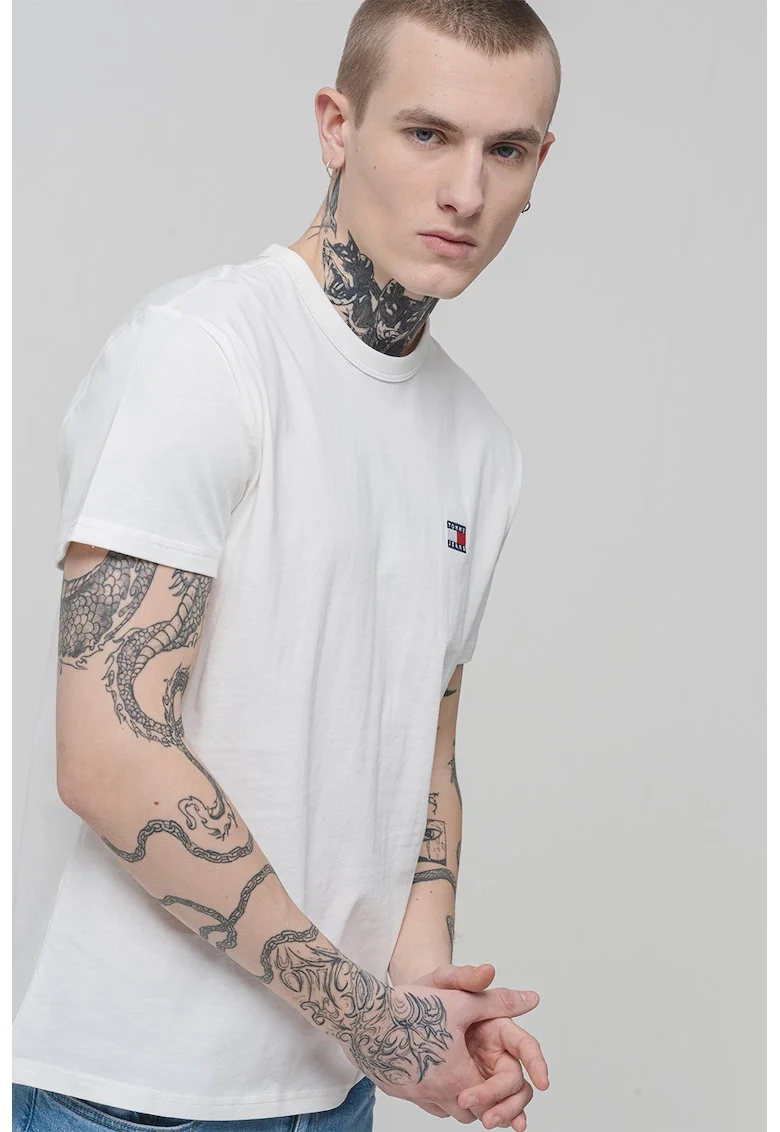 Tricou din bumbac cu decolteu la baza gatului, Alb