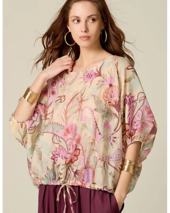 Bluza din amestec de lyocell cu imprimeu floral, Bej sampanie/Roz