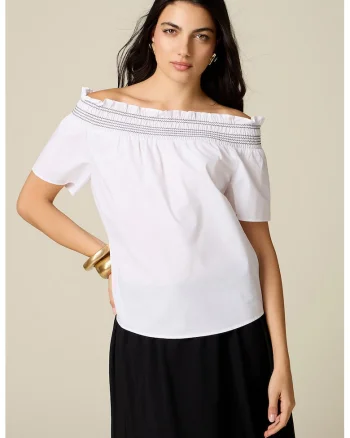Bluza din bumbac cu decolteu pe umeri, Alb