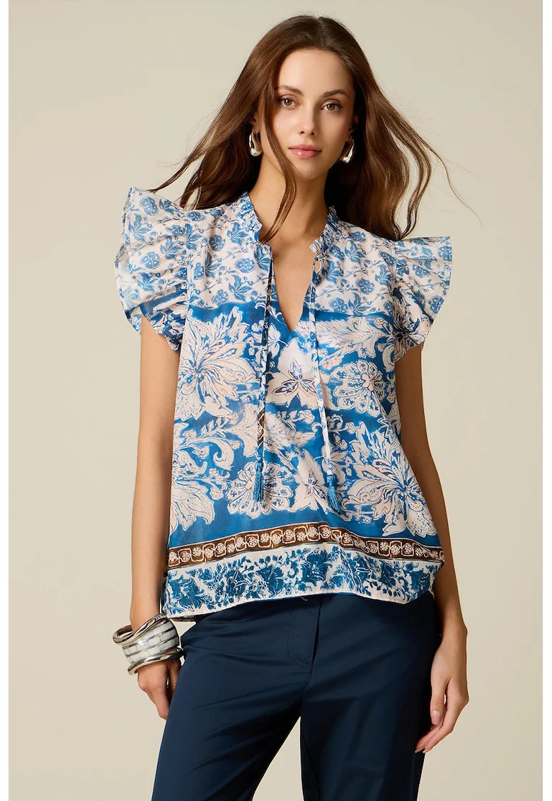 Bluza din bumbac cu maneci cu volane si model, Alb/Albastru safir