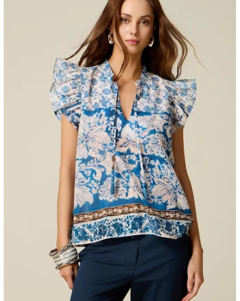 Bluza din bumbac cu maneci cu volane si model, Alb/Albastru safir