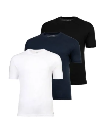 Set de tricouri din amestec de bumbac cu decolteu la baza gatului - 3 piese, Alb/Negru/Albastru