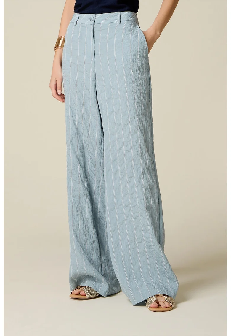 Pantaloni din bumbac cu croiala ampla si pliuri, Albastru deschis