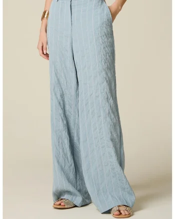 Pantaloni din bumbac cu croiala ampla si pliuri, Albastru deschis