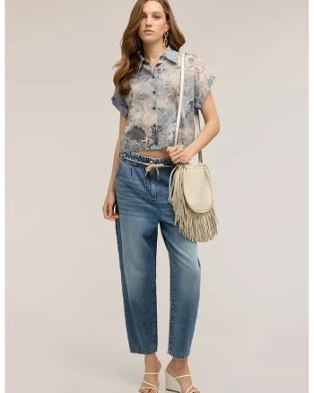 Camasa crop cu maneci scurte, Albastru stins