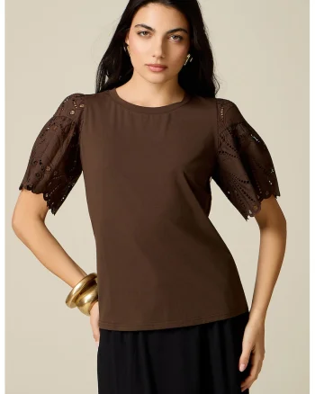 Tricou cu maneci brodate, Maro inchis