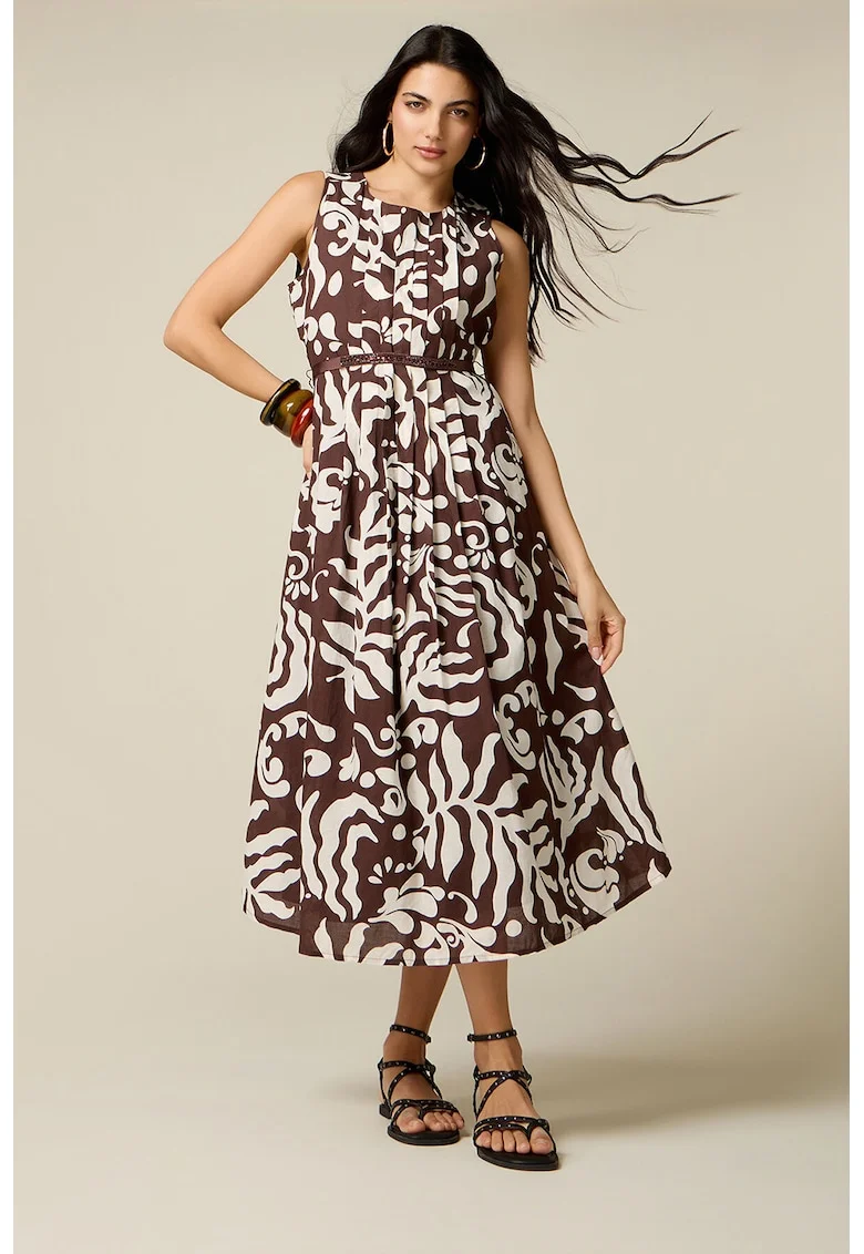 Rochie evazata din bumbac, Alb/Maro inchis