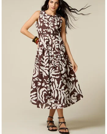 Rochie evazata din bumbac, Alb/Maro inchis