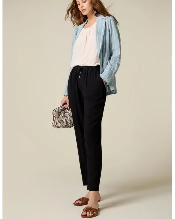 Pantaloni cu snur de ajustare si buzunare laterale, Negru