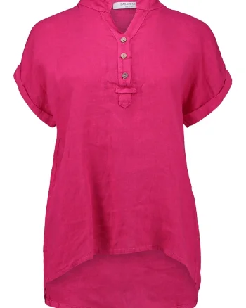 Bluza din in cu decolteu tunica si maneci scurte, Fucsia