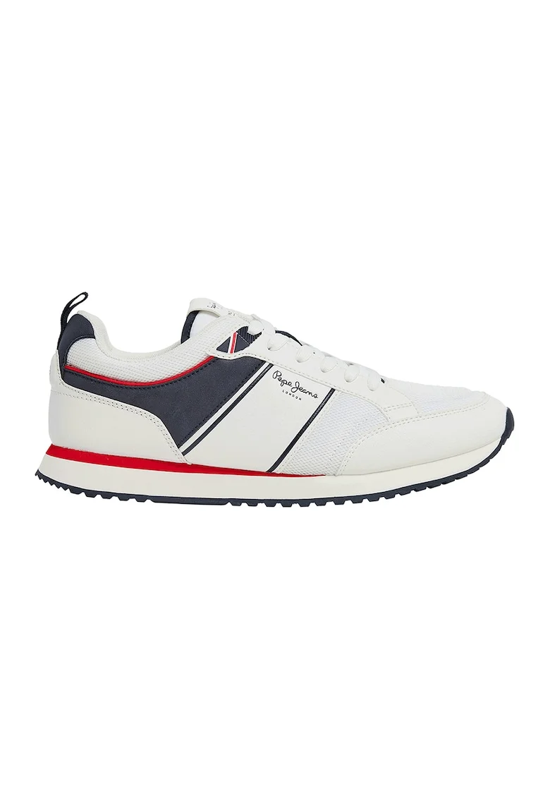 Pantofi sport de piele ecologica si material textil, Alb optic/Bleumarin