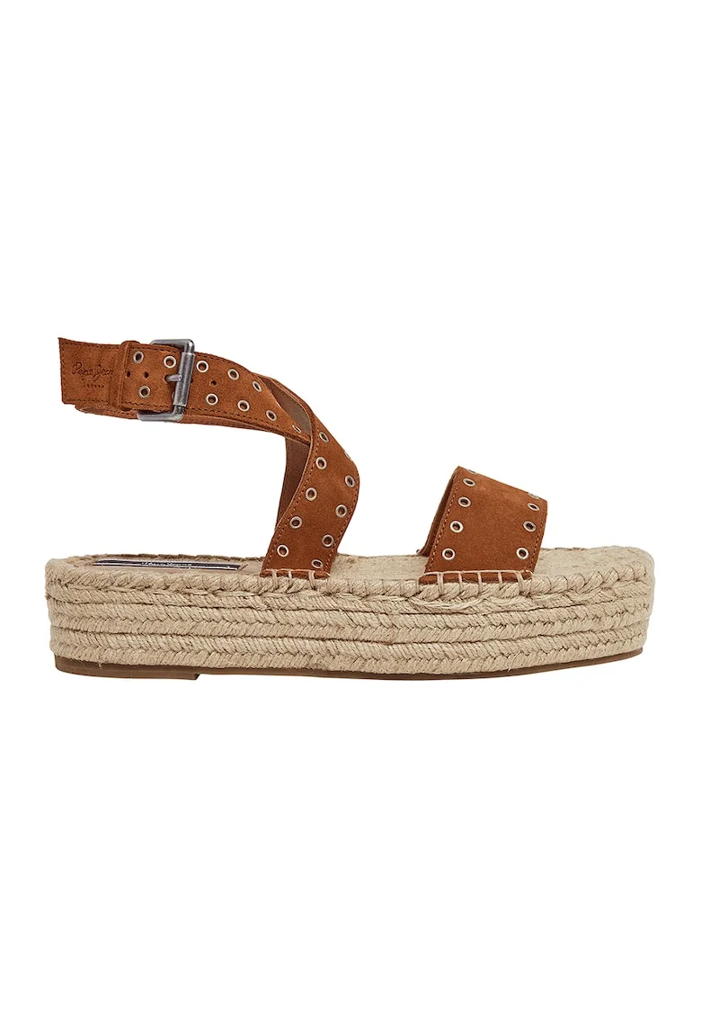 Sandale-espadrile flatform de piele intoarsa, Maro scortisoara