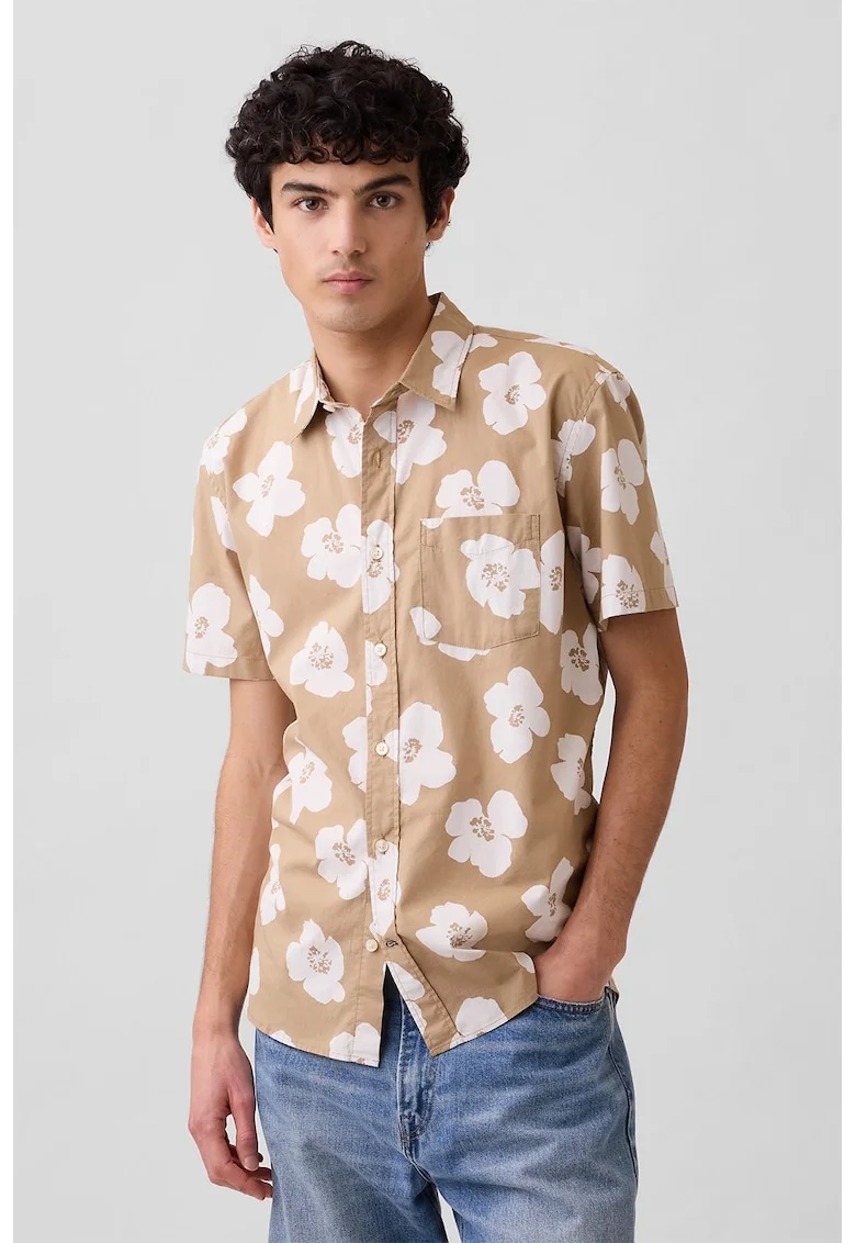 Camasa cu maneci scurte si model floral, Bej/Alb murdar