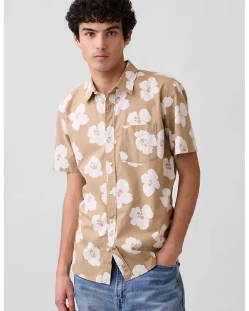Camasa cu maneci scurte si model floral, Bej/Alb murdar