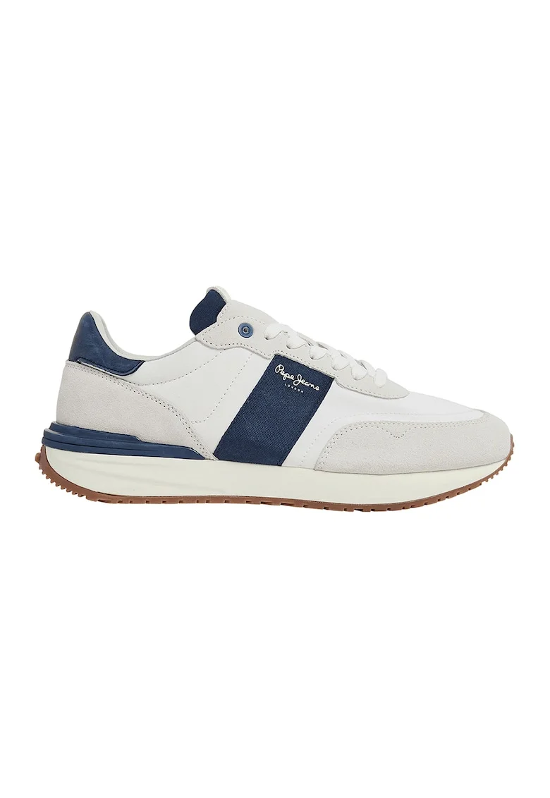 Pantofi sport cu insertii de piele intoarsa, Alb/Albastru inchis