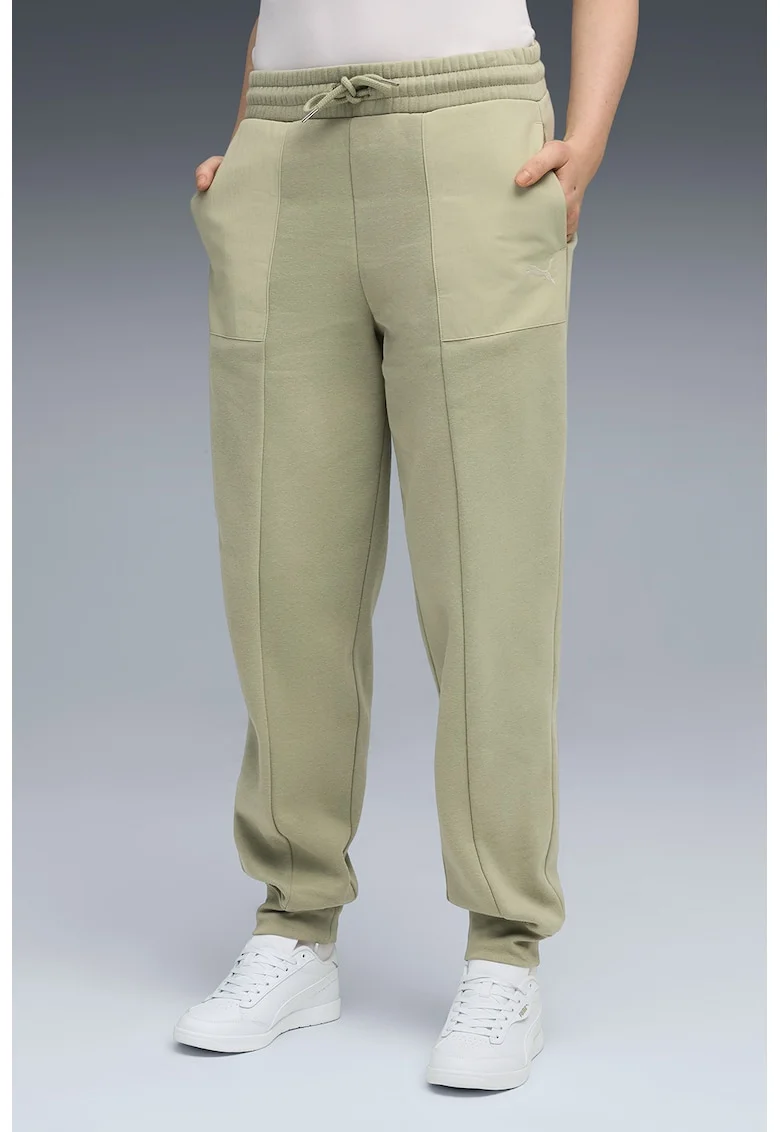 Pantaloni de trening cu buzunare si talie inalta, Verde pal