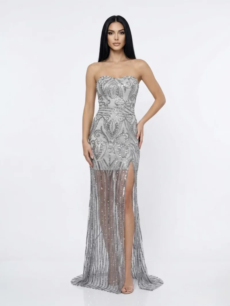 Rochie lunga din broderie gri cu slit pe picior si bust tip corset