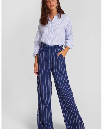 Pantaloni cu croiala ampla, talie inalta si model in dungi, Pastel