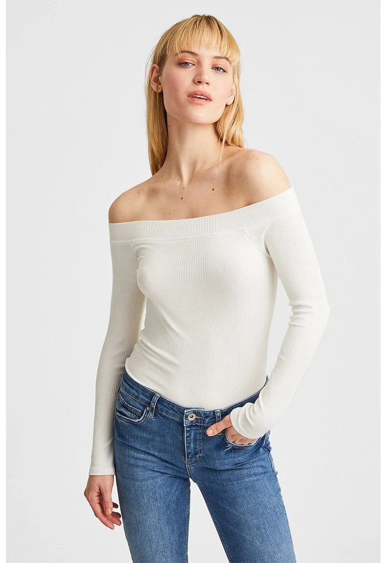 Bluza striata cu decolteu pe umeri, Alb optic