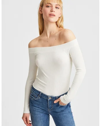 Bluza striata cu decolteu pe umeri, Alb optic