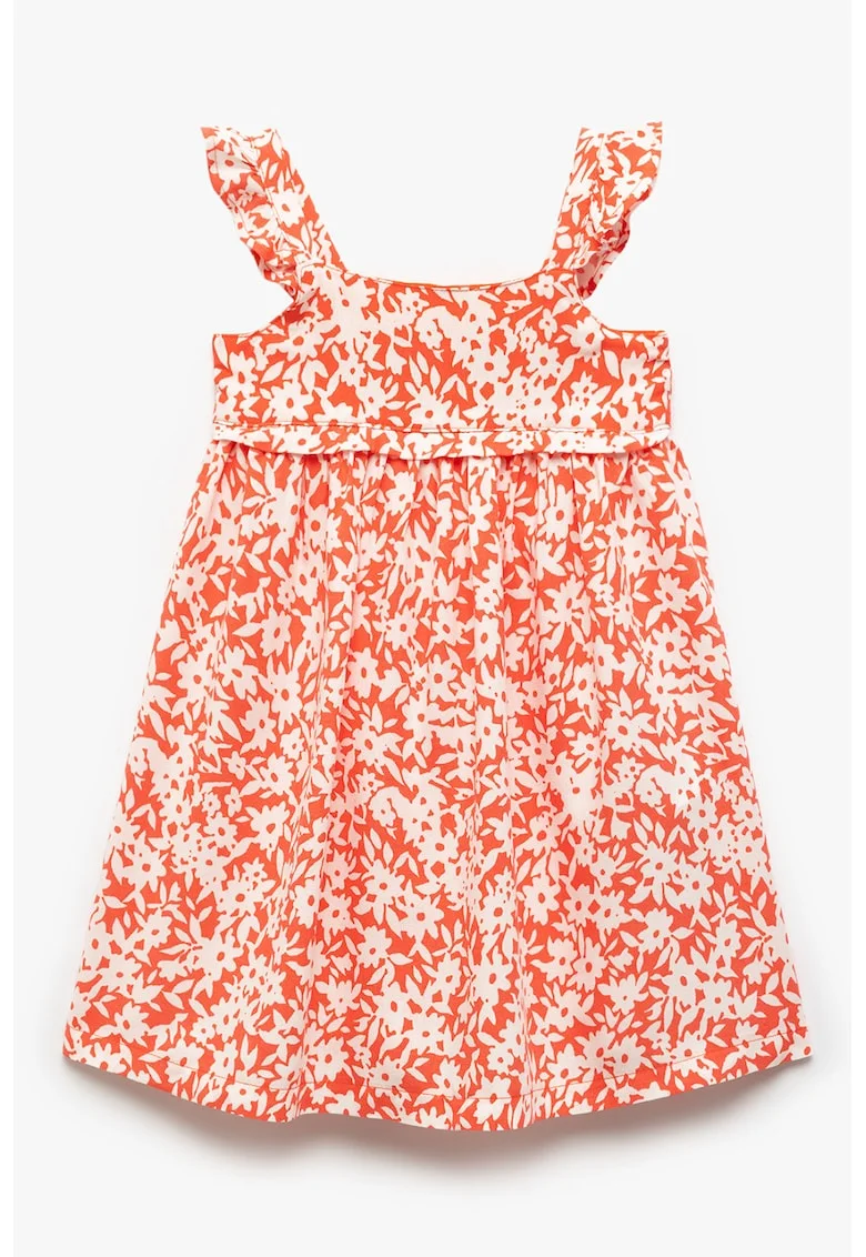 Rochie cu bretele cu volane si model floral, Alb/Portocaliu mandarina