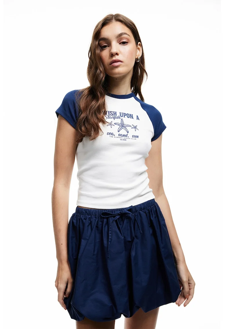 Tricou cu decolteu la baza gatului si maneci contrastante, Alb/Bleumarin