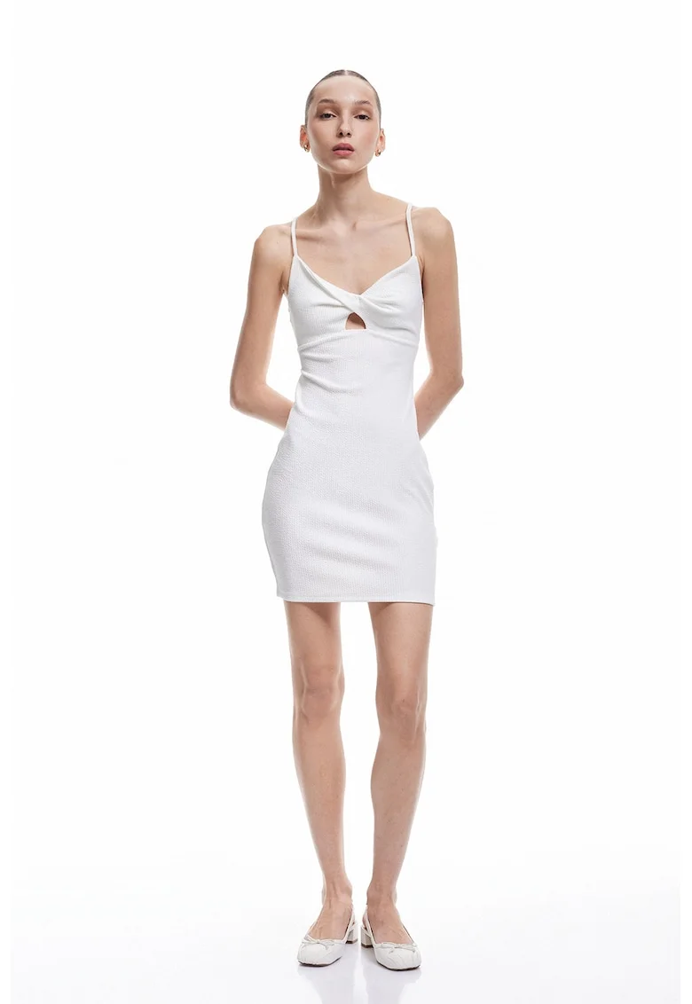 Rochie midi cambrata cu decupaj pe spate, Alb