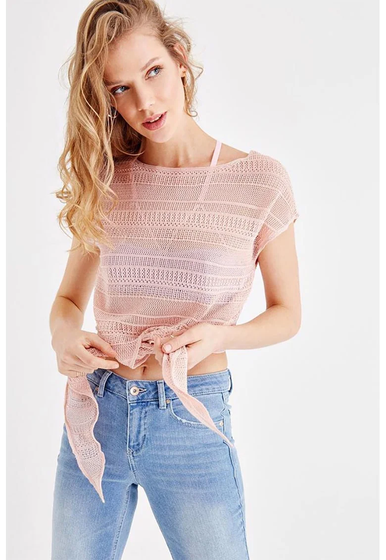 Tricou cu design cu perforatii, Roz pastel