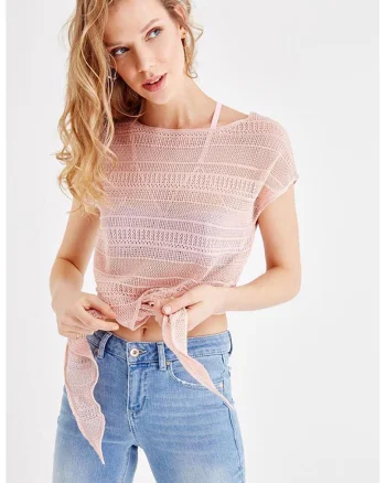 Tricou cu design cu perforatii, Roz pastel