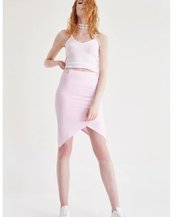 Fusta cambrata cu talie inalta, Roz pastel