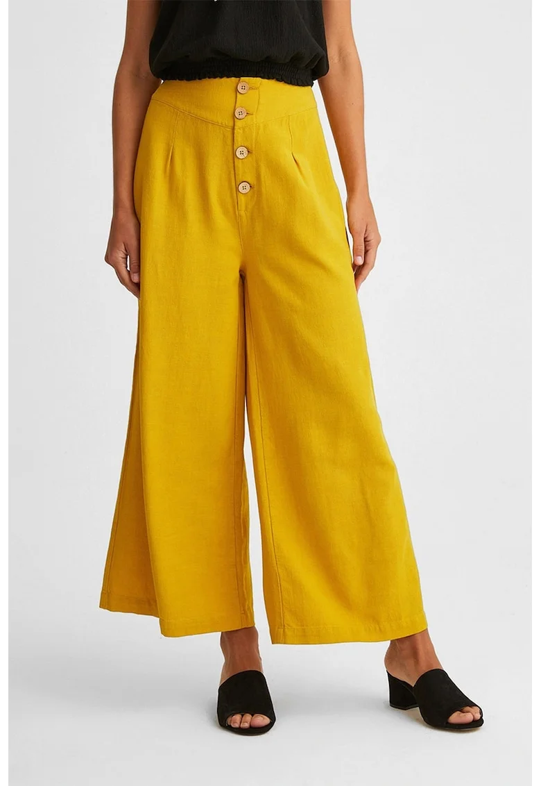 Pantaloni evazati cu talie inalta si nasturi, Galben sofran