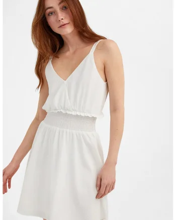 Rochie mini cu decolteu in V si insertie elastica in talie, Alb fildes