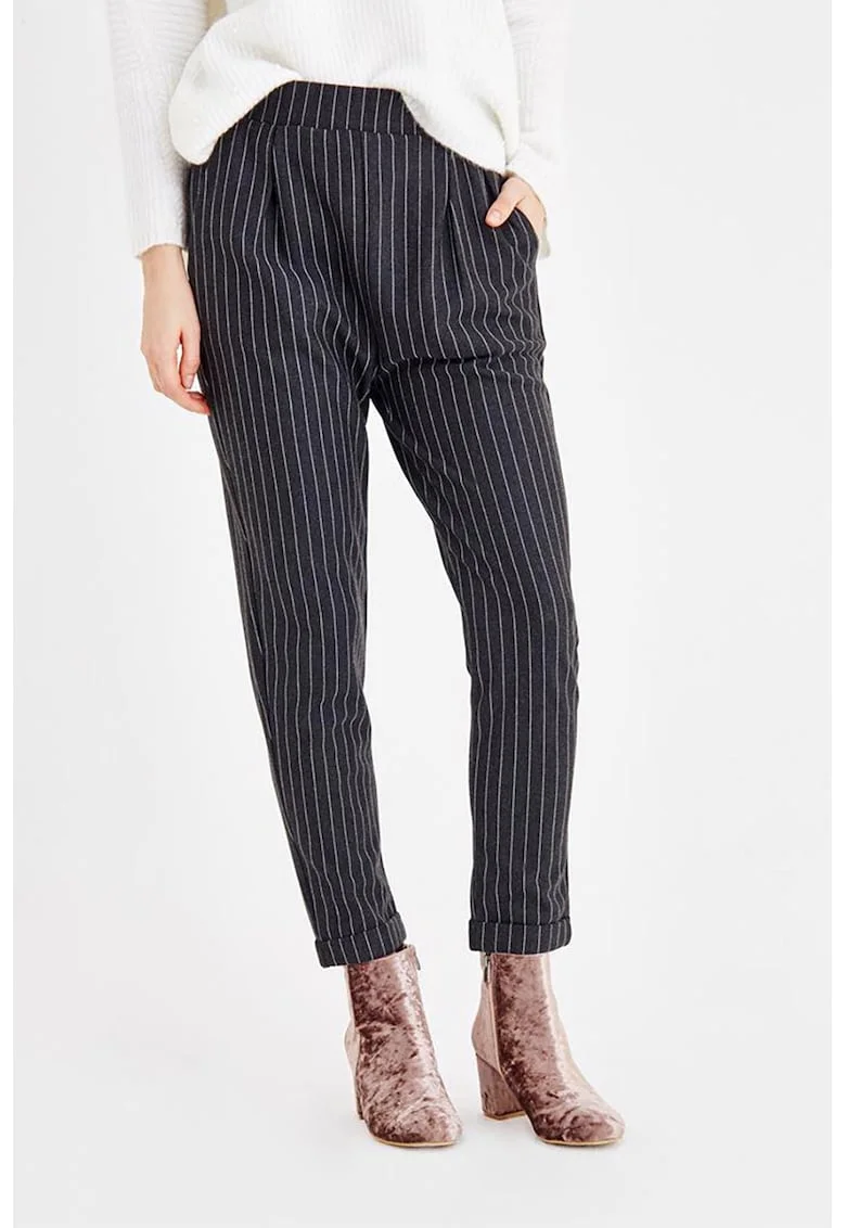 Pantaloni crop cu model in dungi si buzunare laterale, Alb/Negru