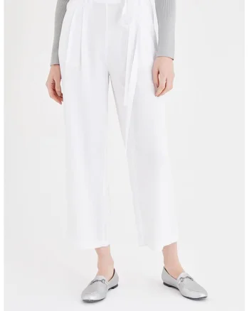 Pantaloni crop relaxed fit cu snur, Alb optic