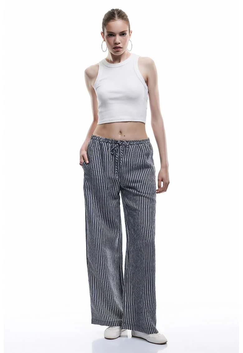 Pantaloni ampli din amestec de bumbac cu dungi, Alb/Bleumarin