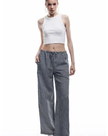 Pantaloni ampli din amestec de bumbac cu dungi, Alb/Bleumarin