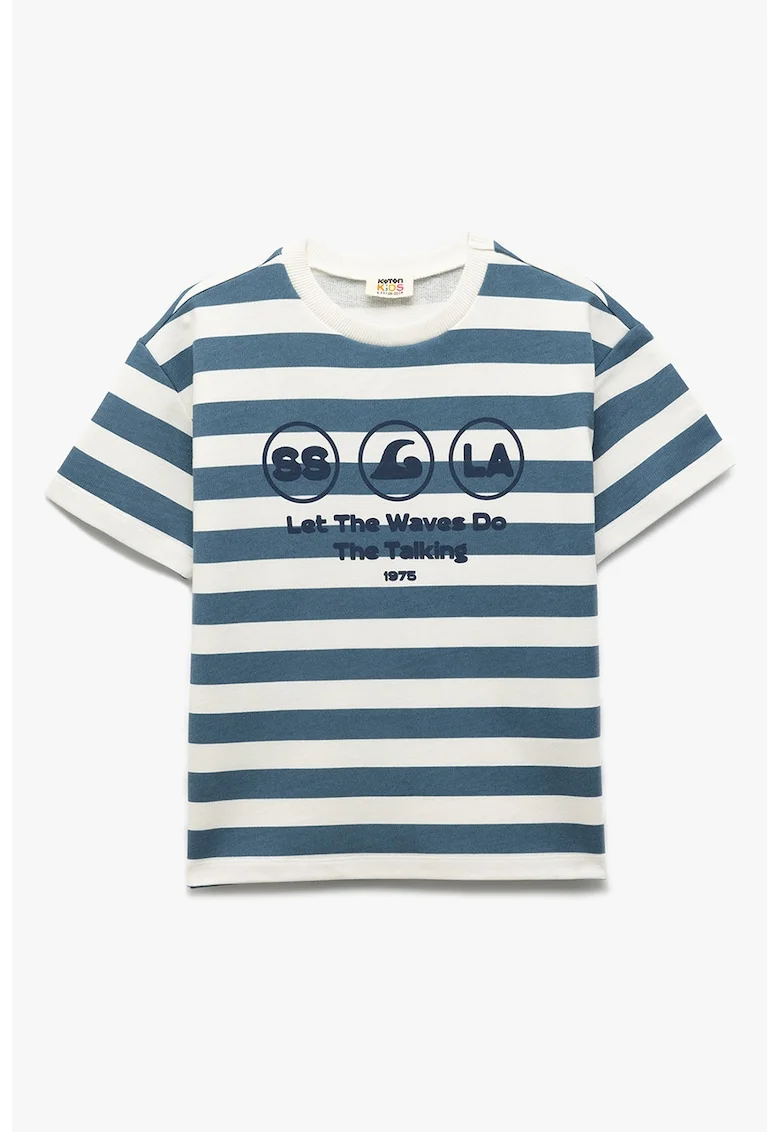 Tricou cu model in dungi si decolteu la baza gatului, Albastru inchis/Alb murdar